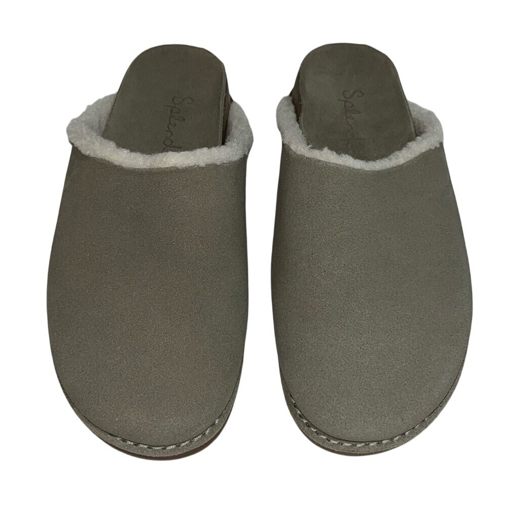 Splendid Cora Clog Mules Women 8M Taupe Grey Leather Faux Shearling Trim Slip On